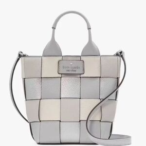 ♠️kate spade Basket Woven Leather Metallic Mini Tote Crossbody, Platinum Grey